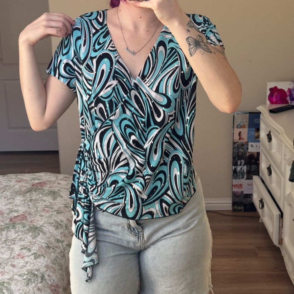Brittany Black Swirl Wrap Top in Blue and Black